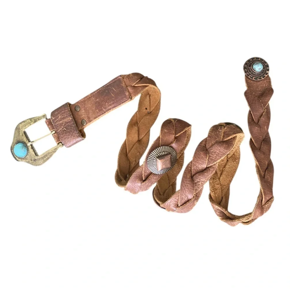 Vintage Y2K BEBE Brown Braided Leather Studded Faux Turquoise Southwest Belt M/L